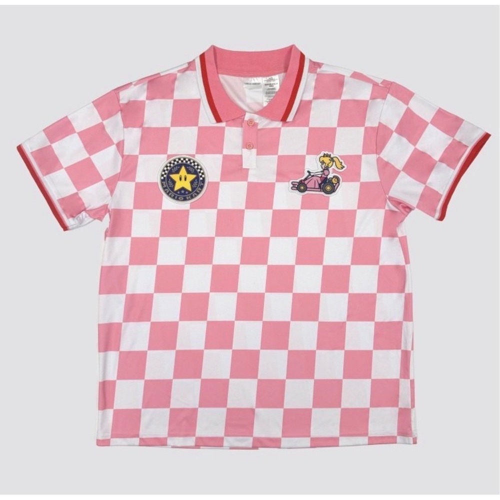 Nintendo Mario Kart Princess Peach Polo Shirt SMALL Pink Checkered NWT Jersey